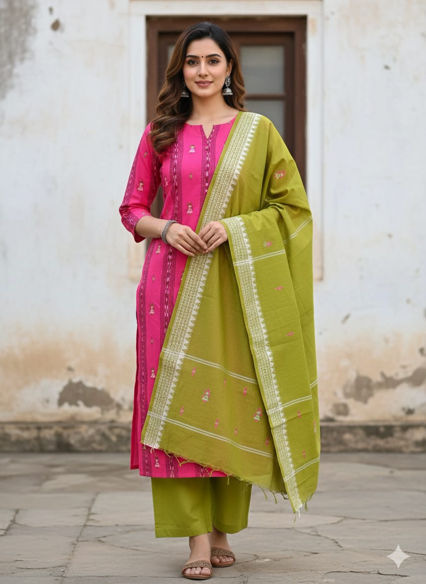 Pink Mehendi Green Doll Design Handwoven Odisha Ikat Unstitched Dress Material Set (Top 2.5m, Dupatt2.5m, Bottom 2m)