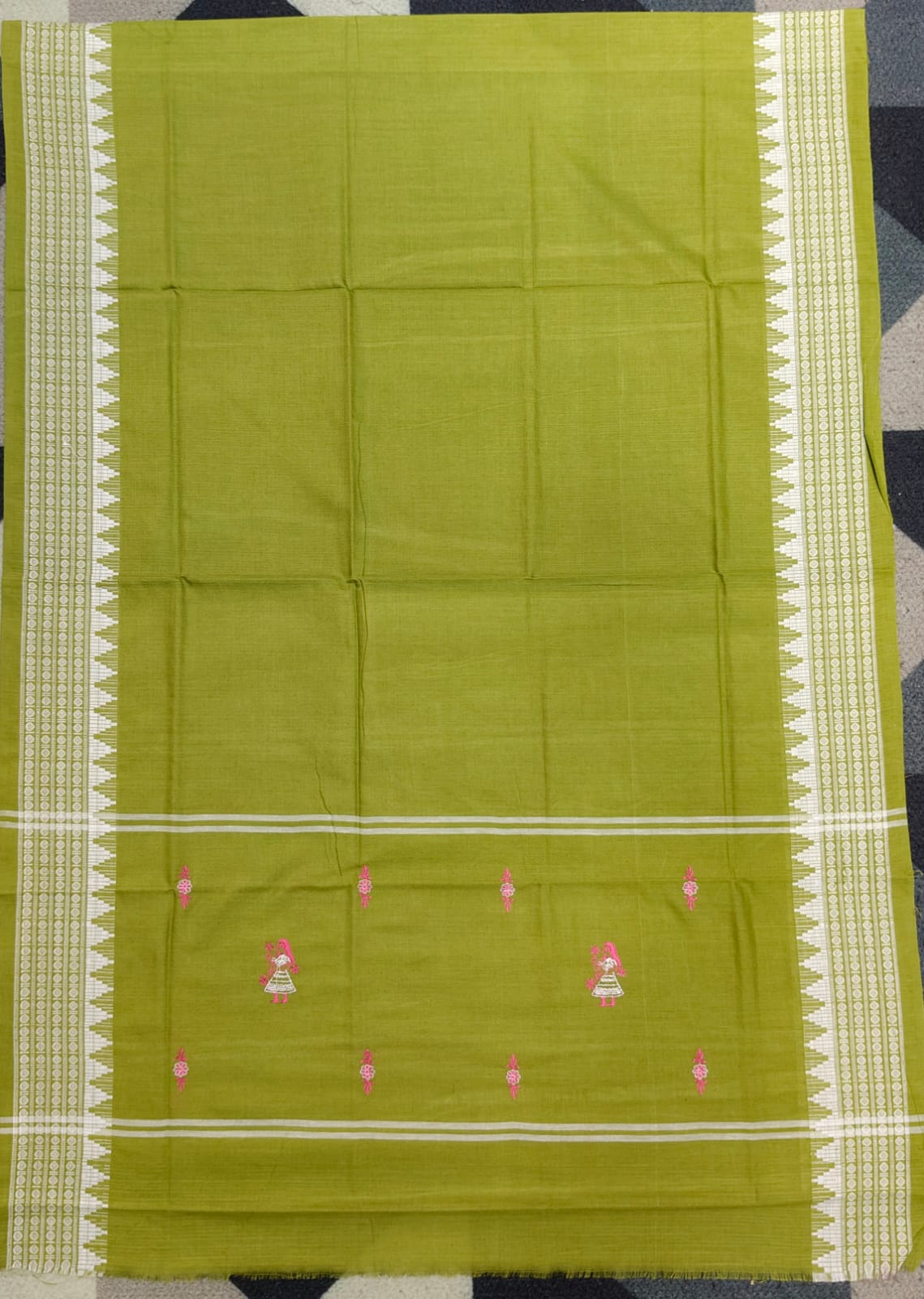 Pink Mehendi Green Doll Design Handwoven Odisha Ikat Unstitched Dress Material Set (Top 2.5m, Dupatt2.5m, Bottom 2m)
