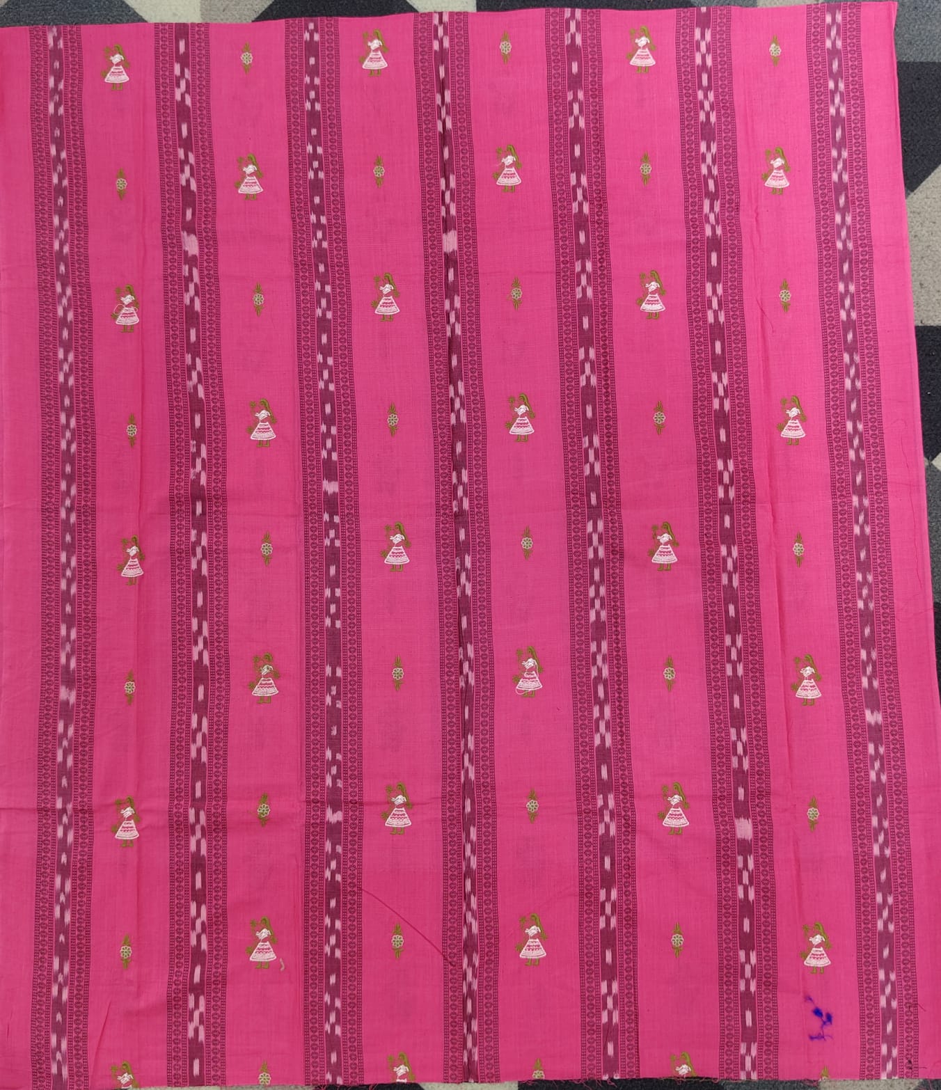 Pink Mehendi Green Doll Design Handwoven Odisha Ikat Unstitched Dress Material Set (Top 2.5m, Dupatt2.5m, Bottom 2m)