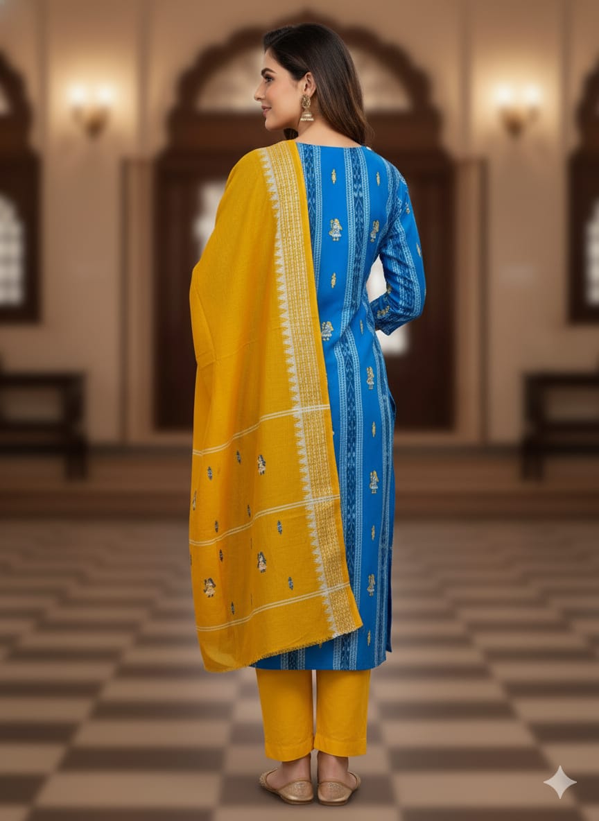 Copper Sulphate Yellow Doll Design Handwoven Odisha Ikat Unstitched Dress Material Set (Top 2.5m, Dupatt2.5m, Bottom 2m)