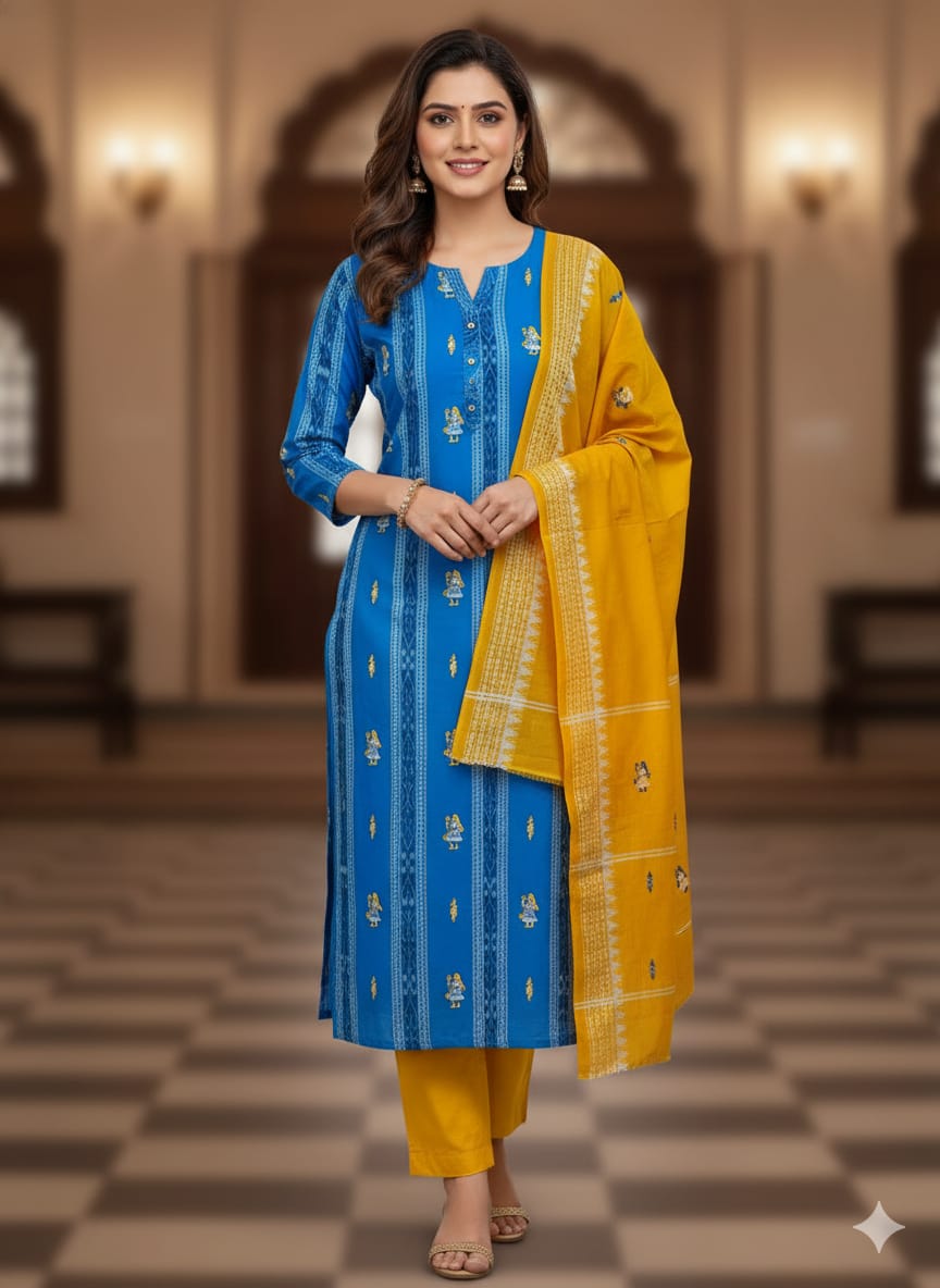 Copper Sulphate Yellow Doll Design Handwoven Odisha Ikat Unstitched Dress Material Set (Top 2.5m, Dupatt2.5m, Bottom 2m)