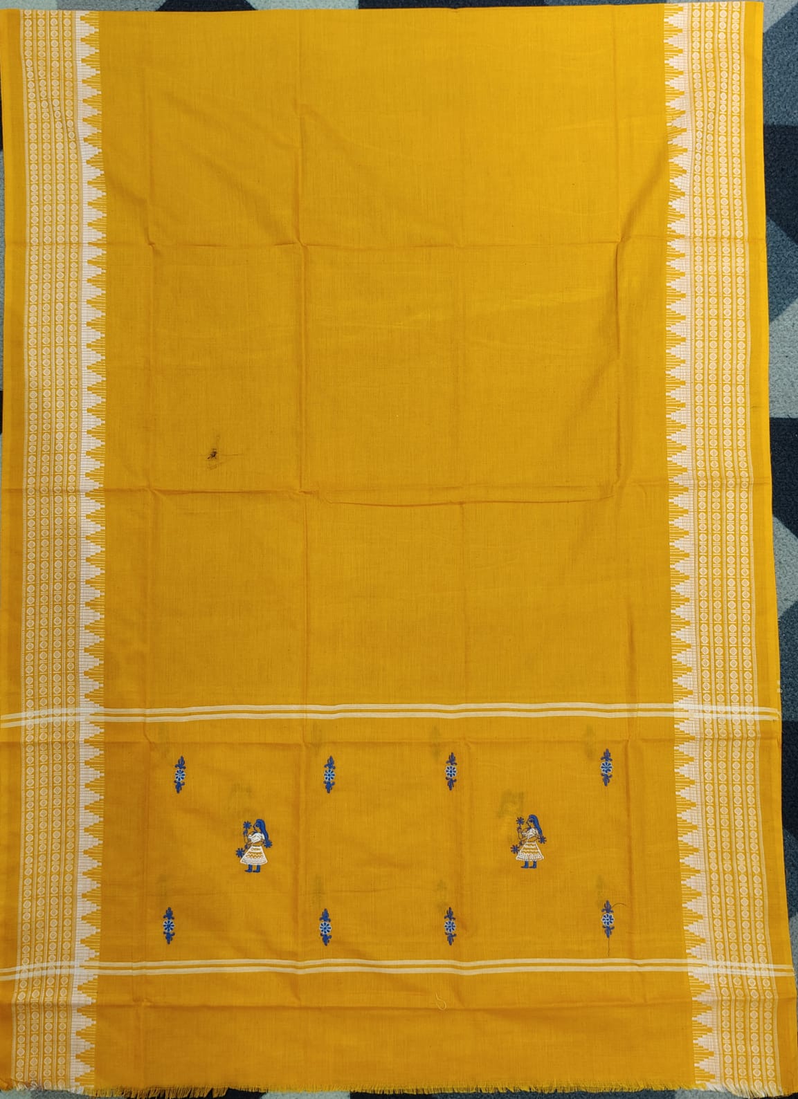 Copper Sulphate Yellow Doll Design Handwoven Odisha Ikat Unstitched Dress Material Set (Top 2.5m, Dupatt2.5m, Bottom 2m)