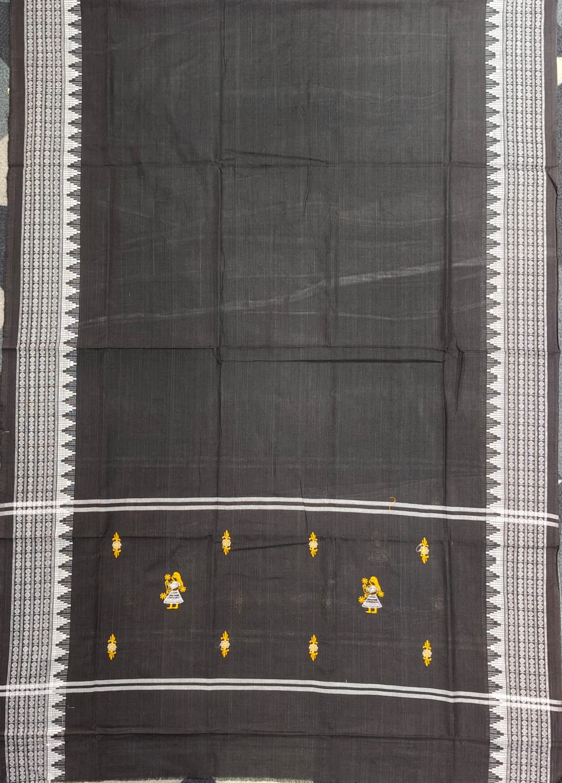 Yellow Black Doll Design Handwoven Odisha Ikat Unstitched Dress Material Set (Top 2.5m, Dupatt2.5m, Bottom 2m)