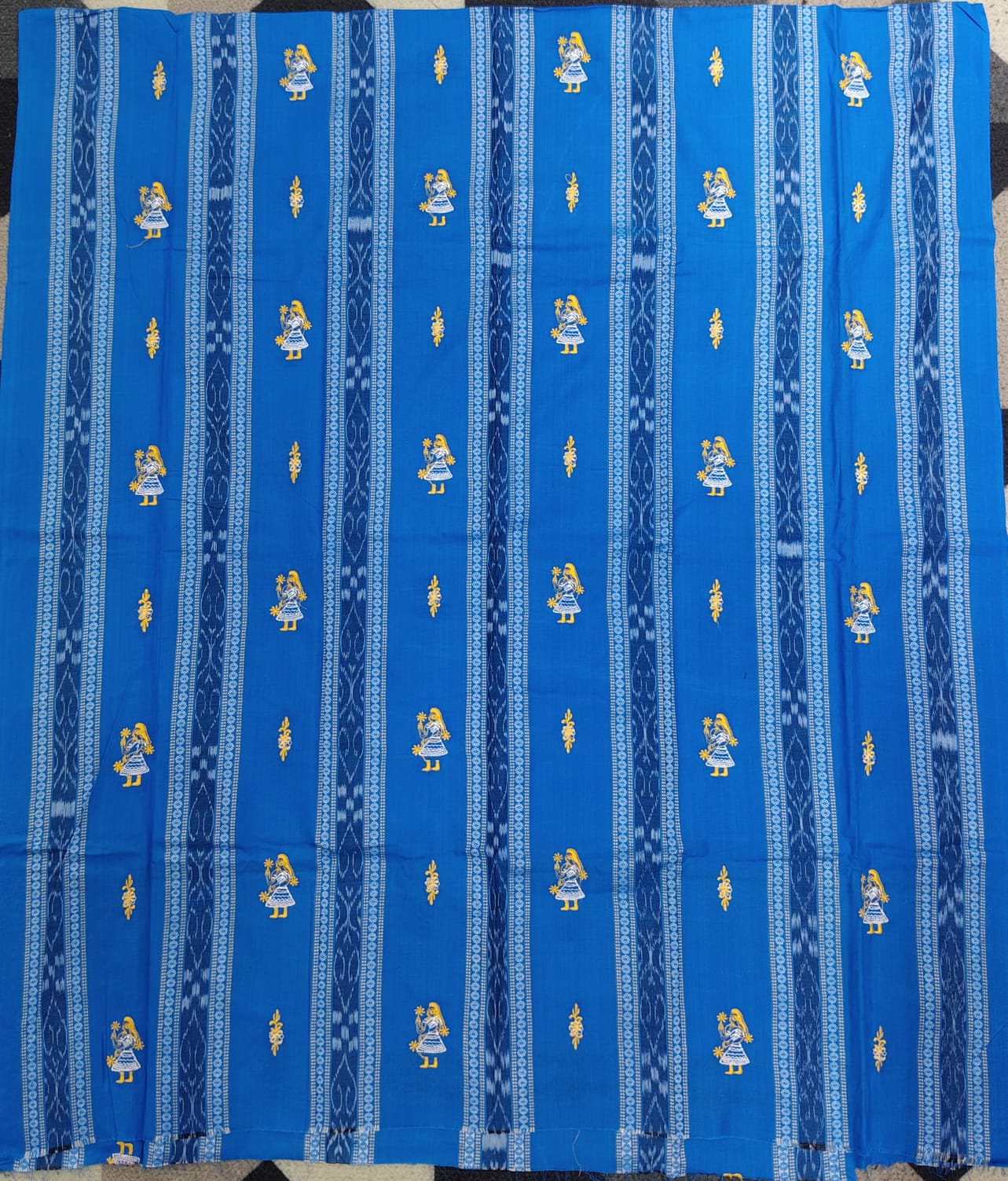 Copper Sulphate Yellow Doll Design Handwoven Odisha Ikat Unstitched Dress Material Set (Top 2.5m, Dupatt2.5m, Bottom 2m)