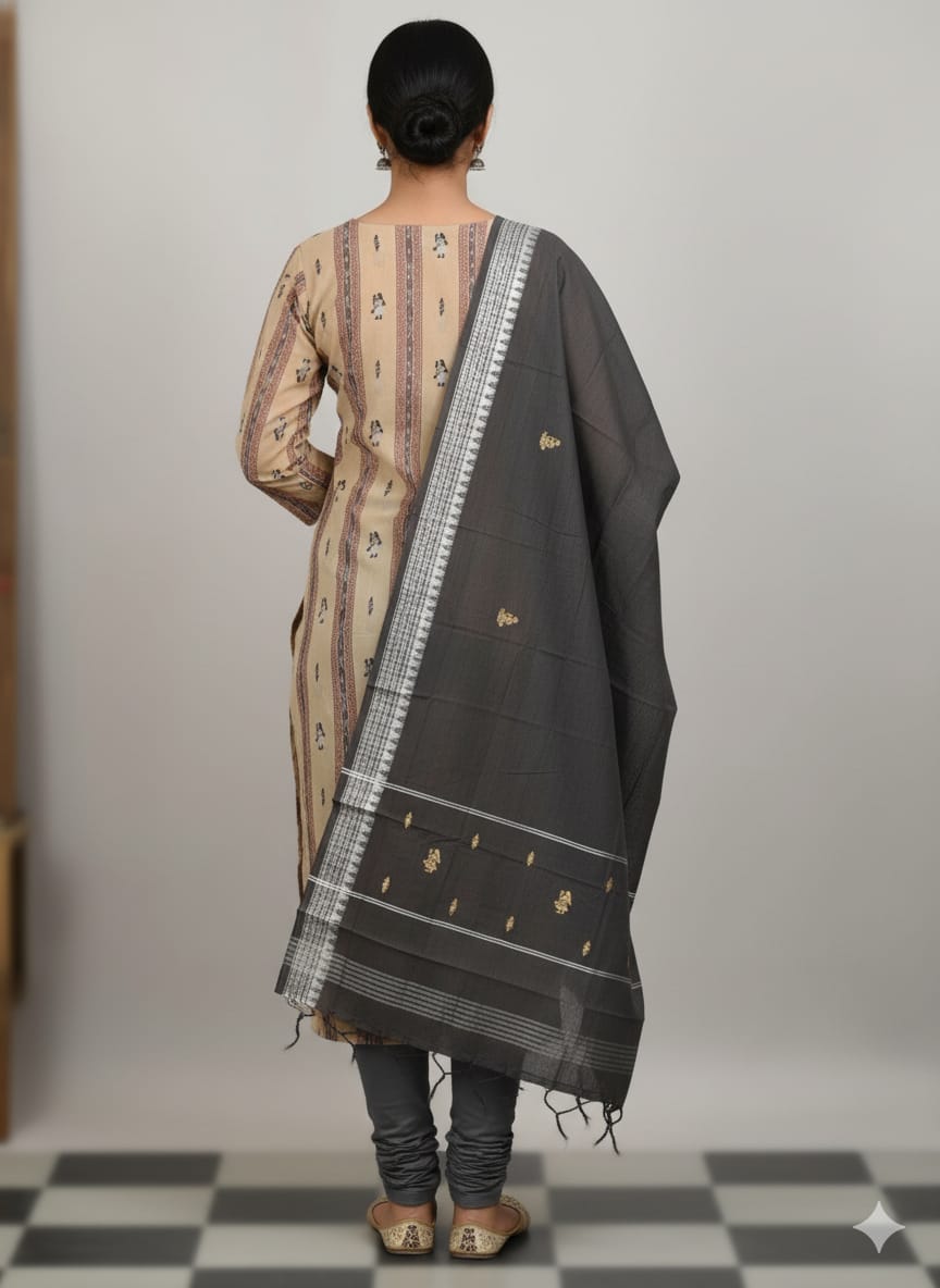 Creem Black Doll Design Handwoven Odisha Ikat Unstitched Dress Material Set (Top 2.5m, Dupatt2.5m, Bottom 2m)