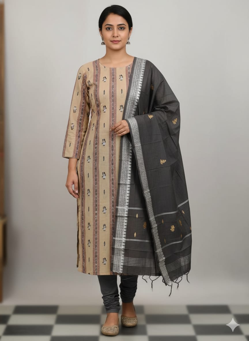 Creem Black Doll Design Handwoven Odisha Ikat Unstitched Dress Material Set (Top 2.5m, Dupatt2.5m, Bottom 2m)