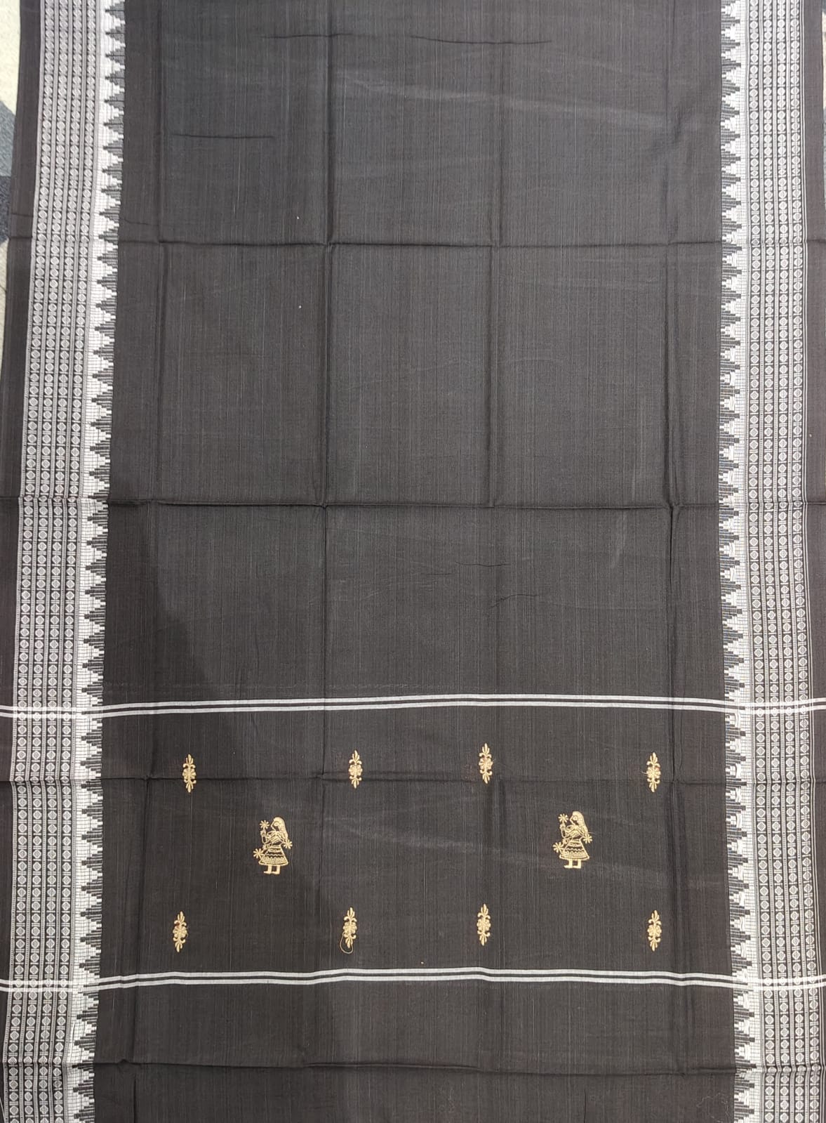 Creem Black Doll Design Handwoven Odisha Ikat Unstitched Dress Material Set (Top 2.5m, Dupatt2.5m, Bottom 2m)