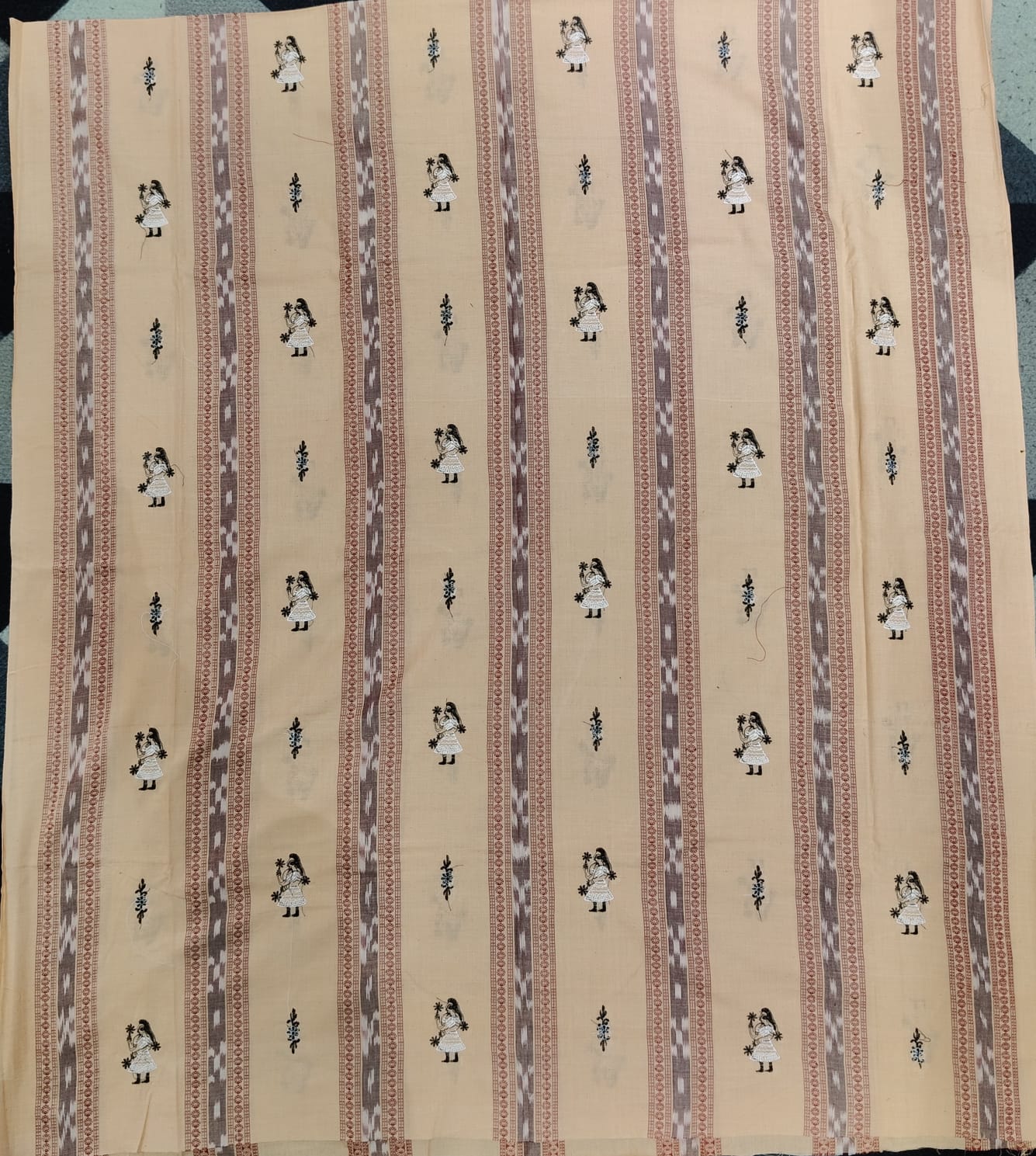 Creem Black Doll Design Handwoven Odisha Ikat Unstitched Dress Material Set (Top 2.5m, Dupatt2.5m, Bottom 2m)