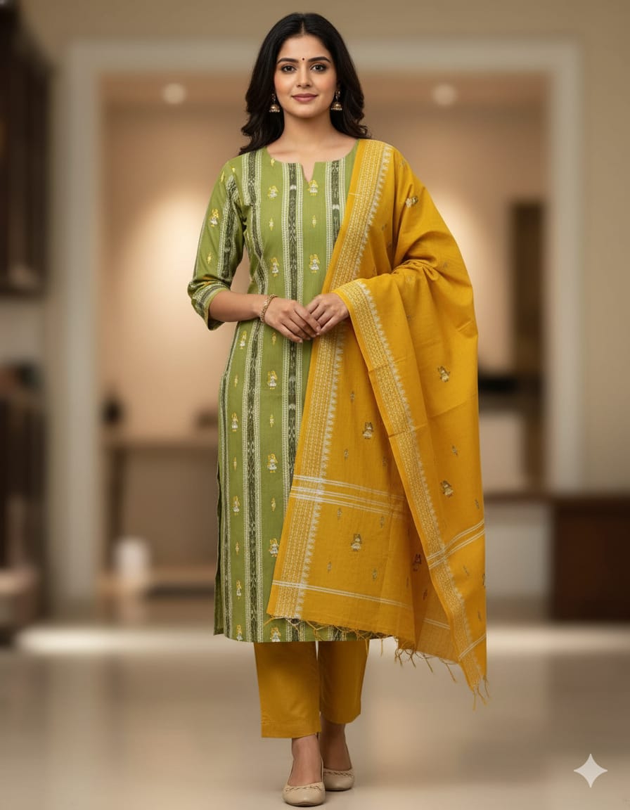 Mehendi Green Yellow Doll Design Handwoven Odisha Ikat Unstitched Dress Material Set (Top 2.5m, Dupatt2.5m, Bottom 2m)