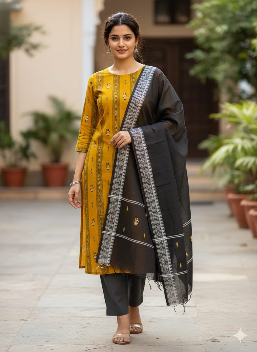 Yellow Black Doll Design Handwoven Odisha Ikat Unstitched Dress Material Set (Top 2.5m, Dupatt2.5m, Bottom 2m)