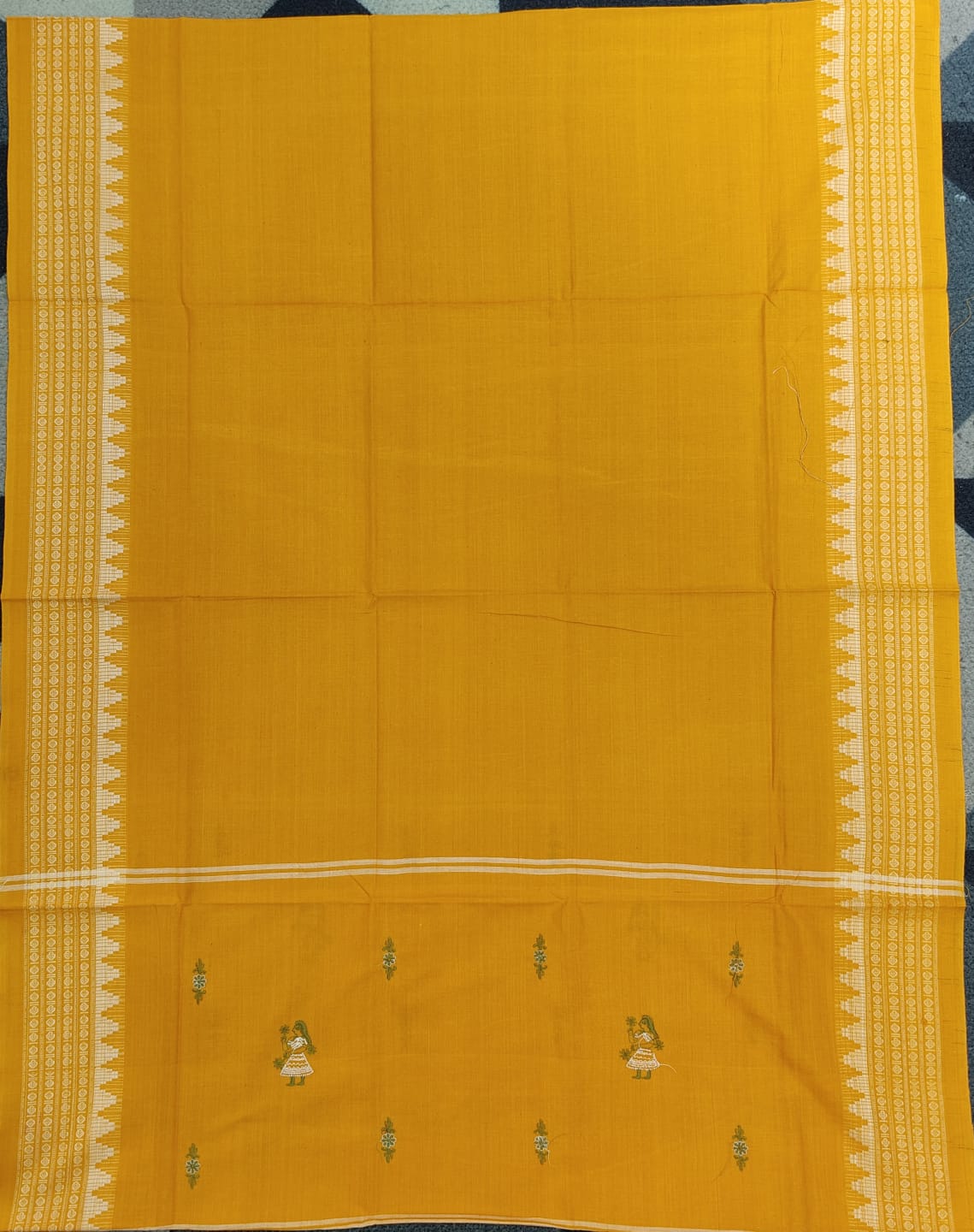 Mehendi Green Yellow Doll Design Handwoven Odisha Ikat Unstitched Dress Material Set (Top 2.5m, Dupatt2.5m, Bottom 2m)