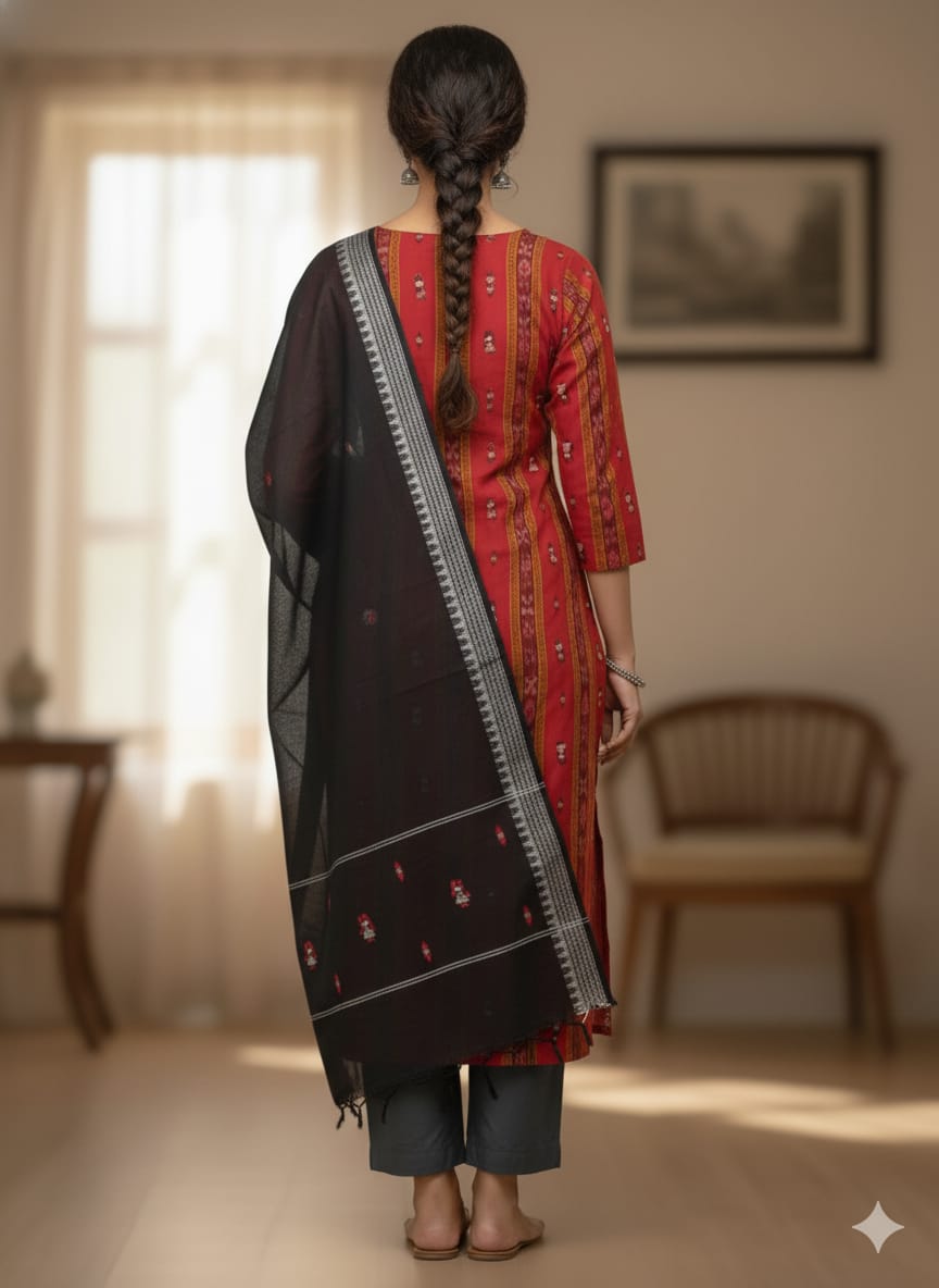 Red Black Doll Design Handwoven Odisha Ikat Unstitched Dress Material Set (Top 2.5m, Dupatt2.5m, Bottom 2m)