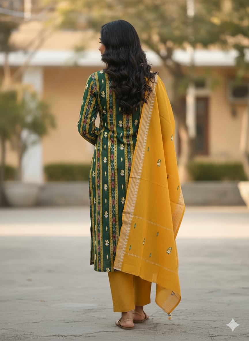 Green Yellow Doll Design Handwoven Odisha Ikat Unstitched Dress Material Set (Top 2.5m, Dupatt2.5m, Bottom 2m)