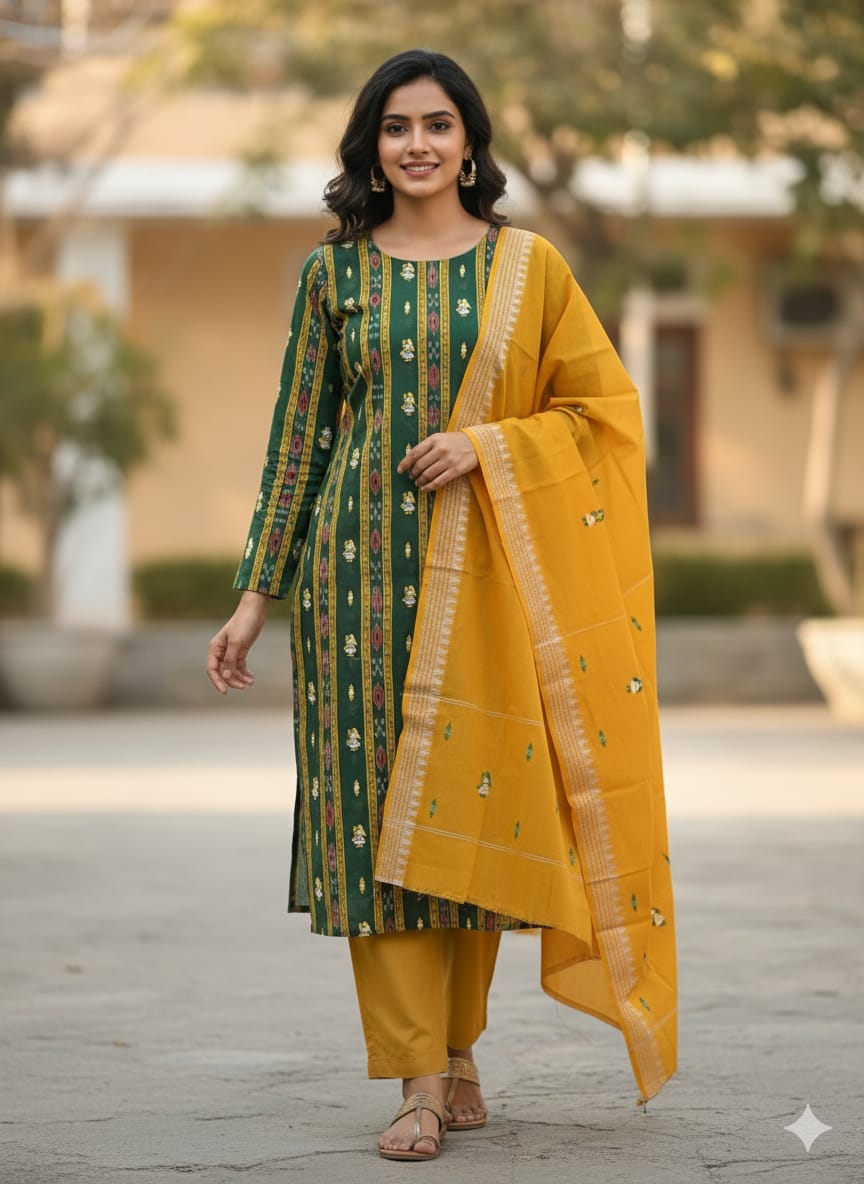 Green Yellow Doll Design Handwoven Odisha Ikat Unstitched Dress Material Set (Top 2.5m, Dupatt2.5m, Bottom 2m)