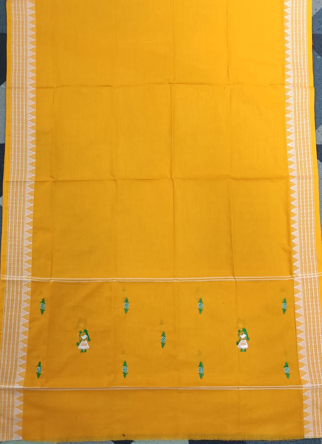 Green Yellow Doll Design Handwoven Odisha Ikat Unstitched Dress Material Set (Top 2.5m, Dupatt2.5m, Bottom 2m)