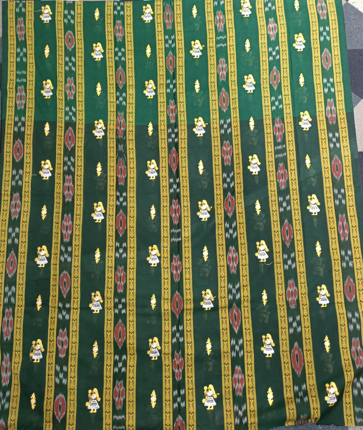 Green Yellow Doll Design Handwoven Odisha Ikat Unstitched Dress Material Set (Top 2.5m, Dupatt2.5m, Bottom 2m)