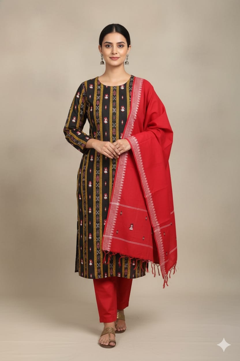 Black red Doll Design Handwoven Odisha Ikat Unstitched Dress Material Set (Top 2.5m, Dupatt2.5m, Bottom 2m)