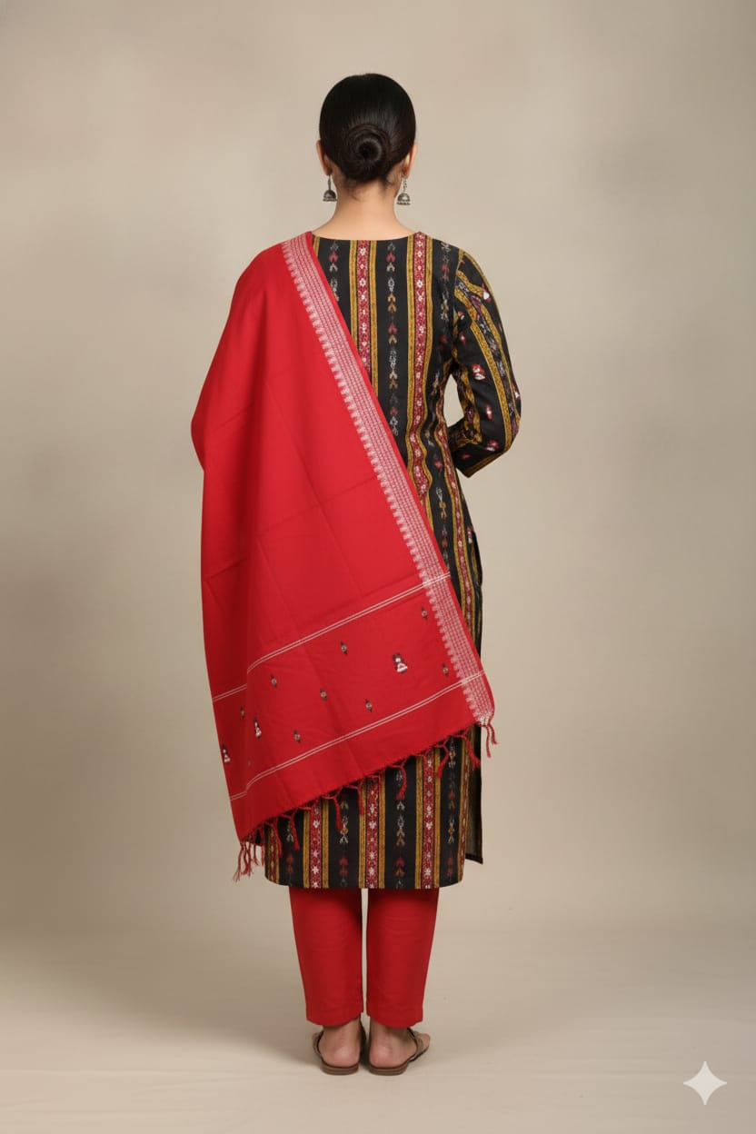 Black red Doll Design Handwoven Odisha Ikat Unstitched Dress Material Set (Top 2.5m, Dupatt2.5m, Bottom 2m)