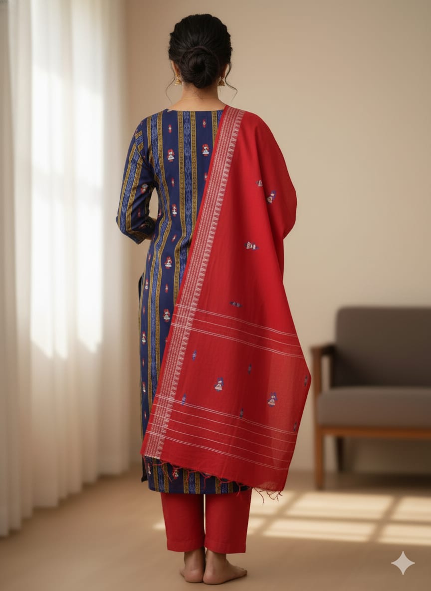 Blue red Doll Design Handwoven Odisha Ikat Unstitched Dress Material Set (Top 2.5m, Dupatt2.5m, Bottom 2m)