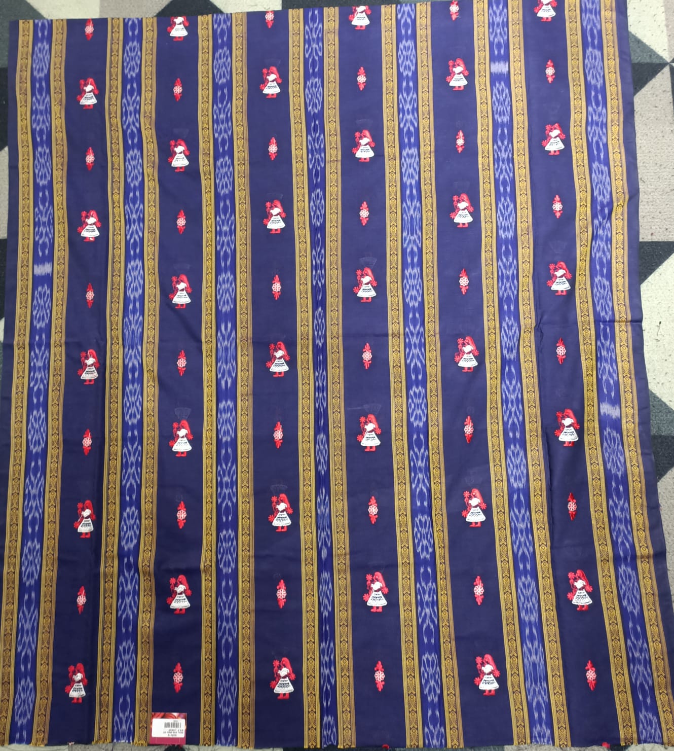 Blue red Doll Design Handwoven Odisha Ikat Unstitched Dress Material Set (Top 2.5m, Dupatt2.5m, Bottom 2m)