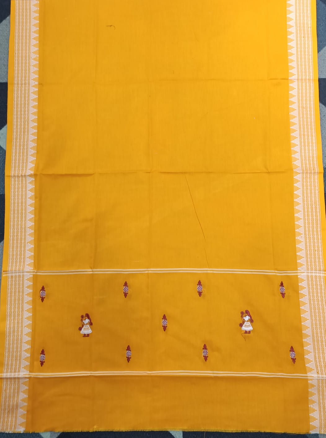 Maroon Yellow Doll Design Handwoven Odisha Ikat Unstitched Dress Material Set (Top 2.5m, Dupatt2.5m, Bottom 2m)