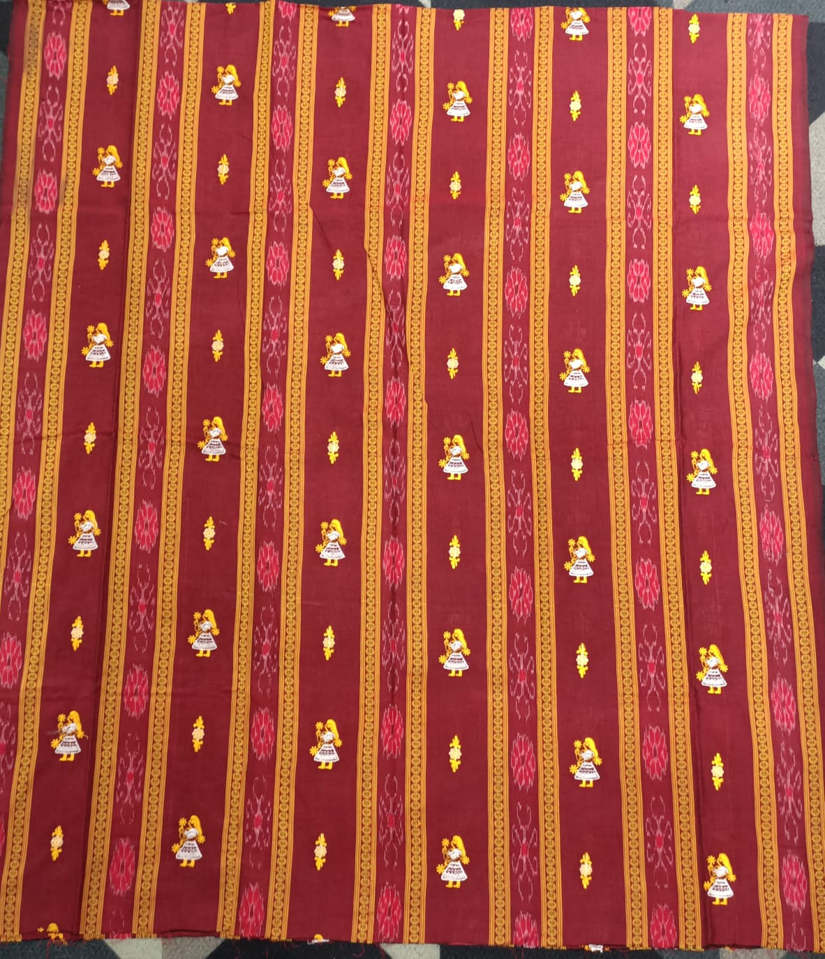 Maroon Yellow Doll Design Handwoven Odisha Ikat Unstitched Dress Material Set (Top 2.5m, Dupatt2.5m, Bottom 2m)