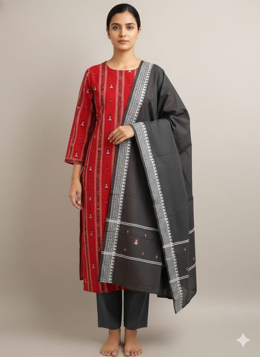 Red Black Doll Design Handwoven Odisha Ikat Unstitched Dress Material Set (Top 2.5m, Dupatt2.5m, Bottom 2m)