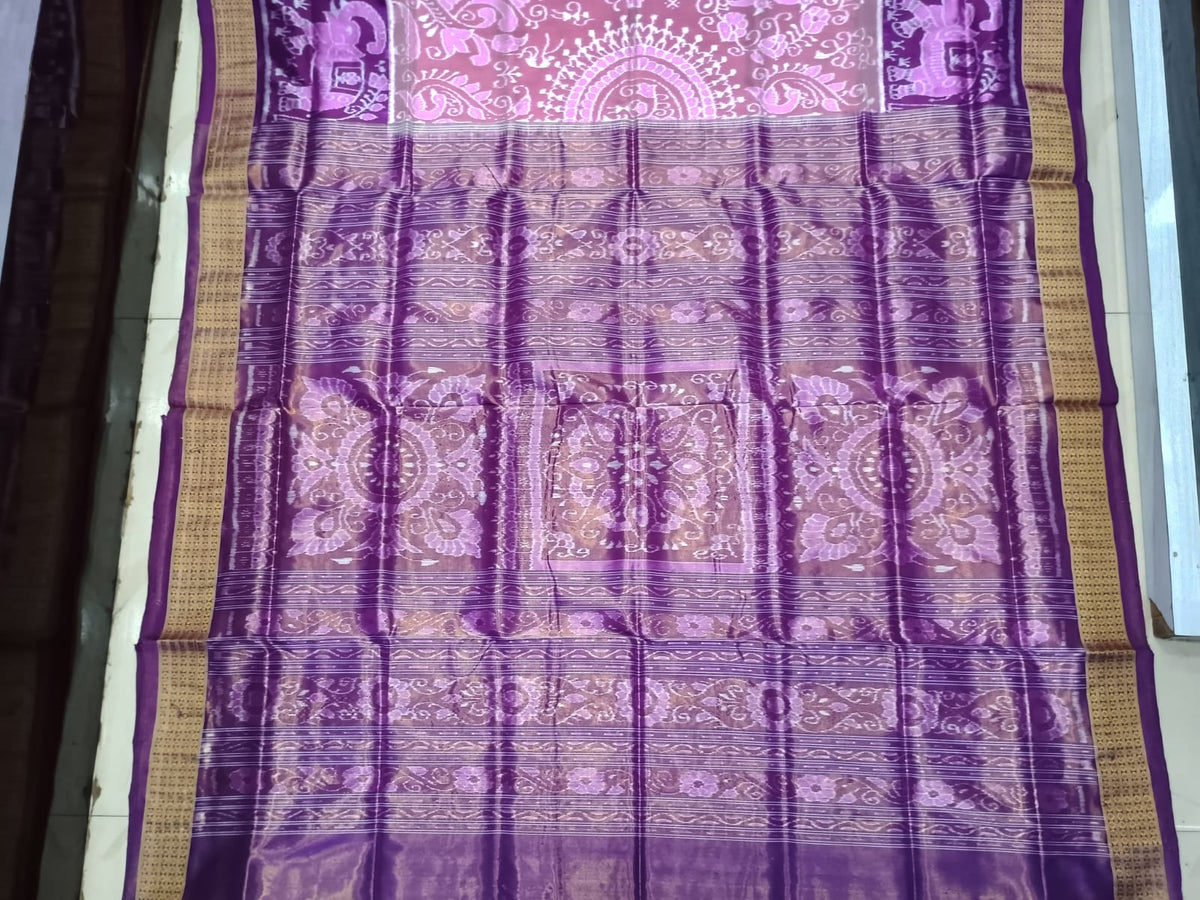 Peach Pink Purple Round Tribal And Scot Elephant Design Sambalpuri Half Tissue Silk Saree