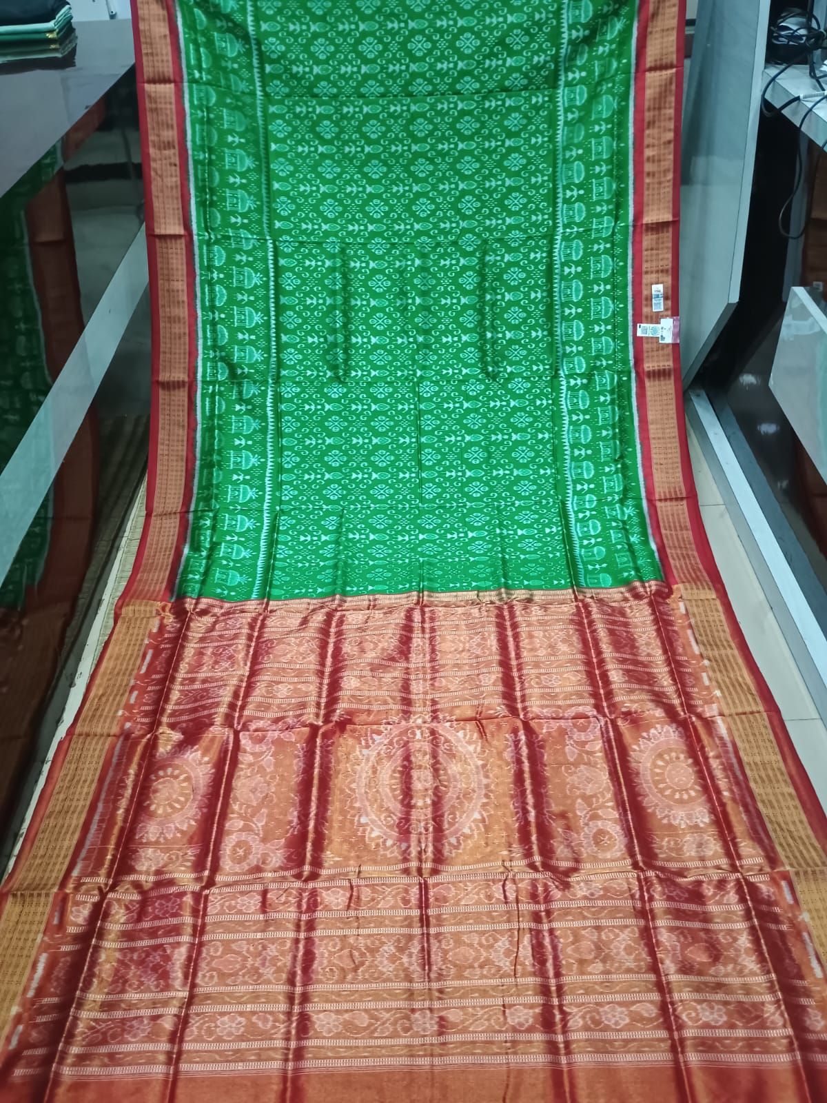 Green Red Tribal Design Sambalpuri Half Tissue Silk Saree