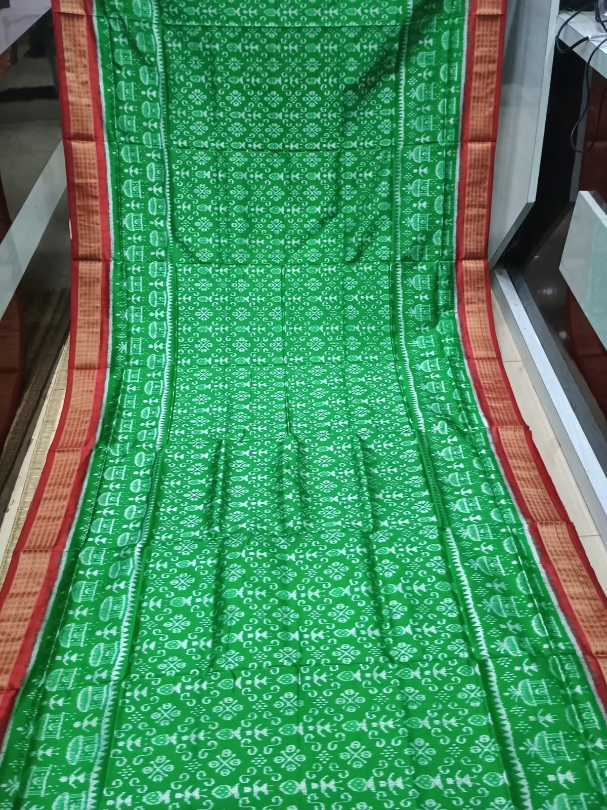 Green Red Tribal Design Sambalpuri Half Tissue Silk Saree