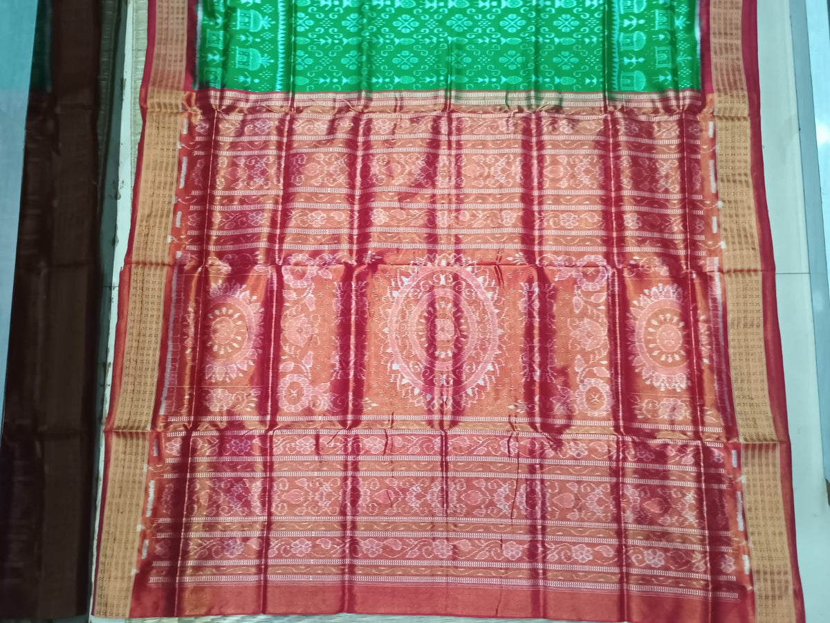 Green Red Tribal Design Sambalpuri Half Tissue Silk Saree