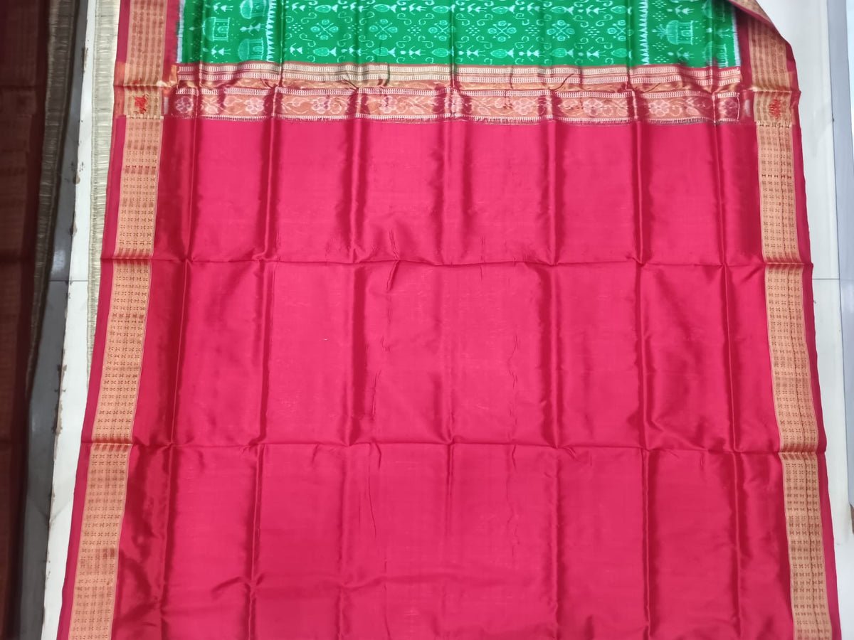 Green Red Tribal Design Sambalpuri Half Tissue Silk Saree