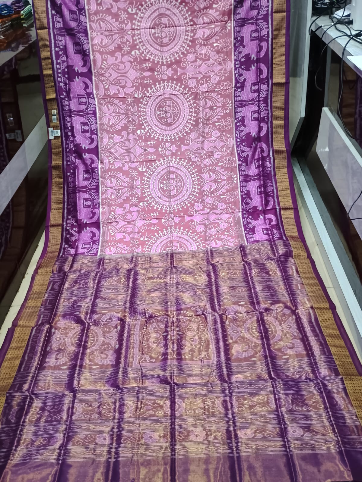 Peach Pink Purple Round Tribal And Scot Elephant Design Sambalpuri Half Tissue Silk Saree