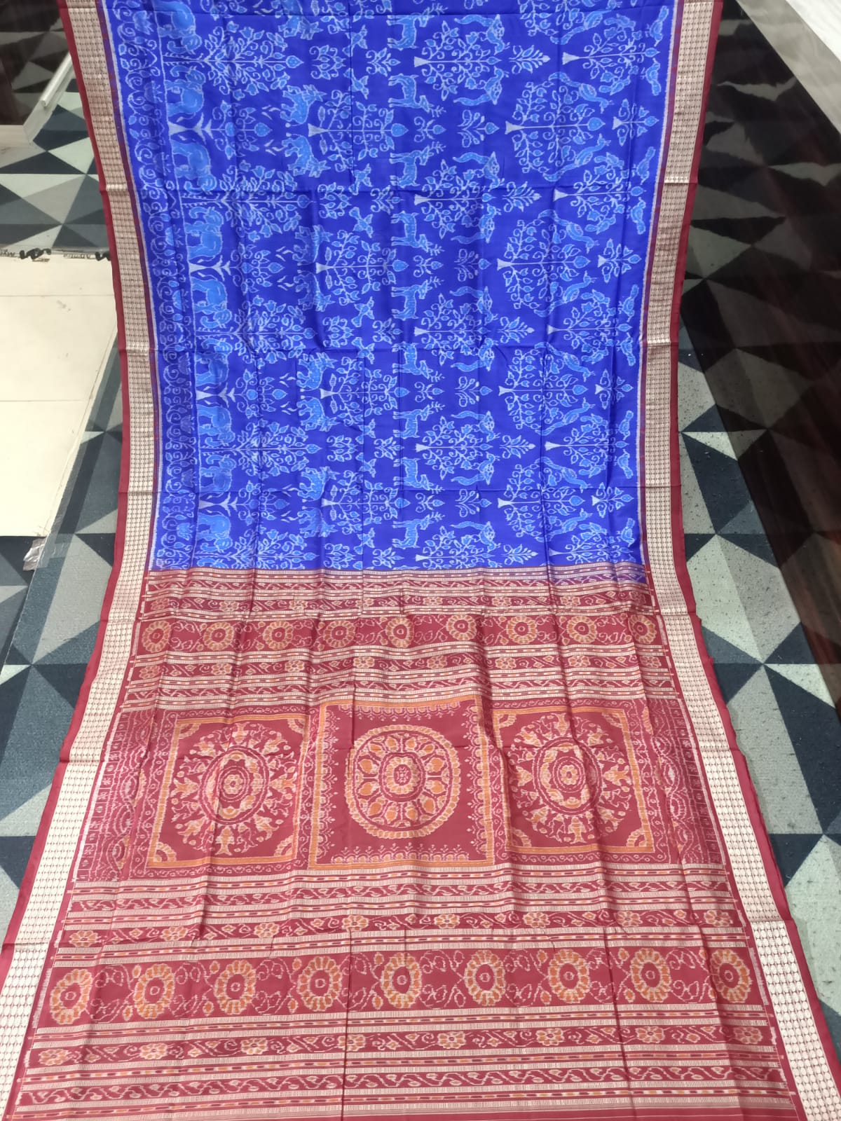 Blue Maroon Animal And Tree Design Sambalpuri Silk Saree