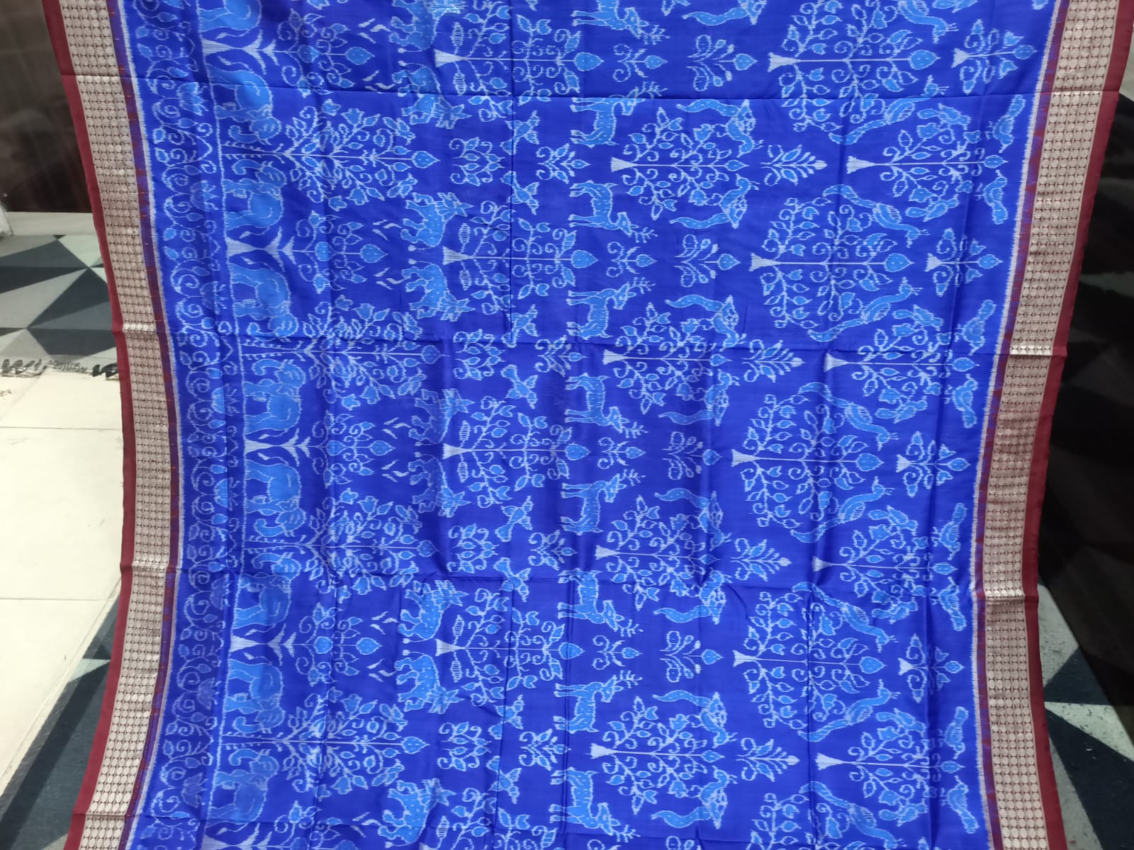 Blue Maroon Animal And Tree Design Sambalpuri Silk Saree