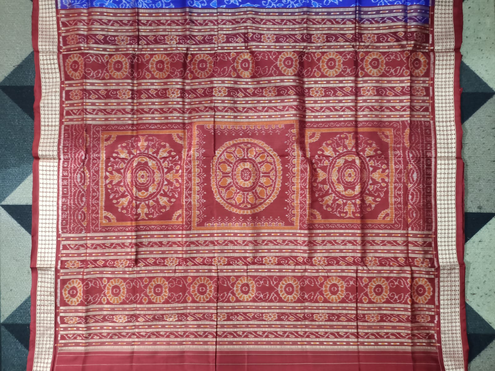 Blue Maroon Animal And Tree Design Sambalpuri Silk Saree