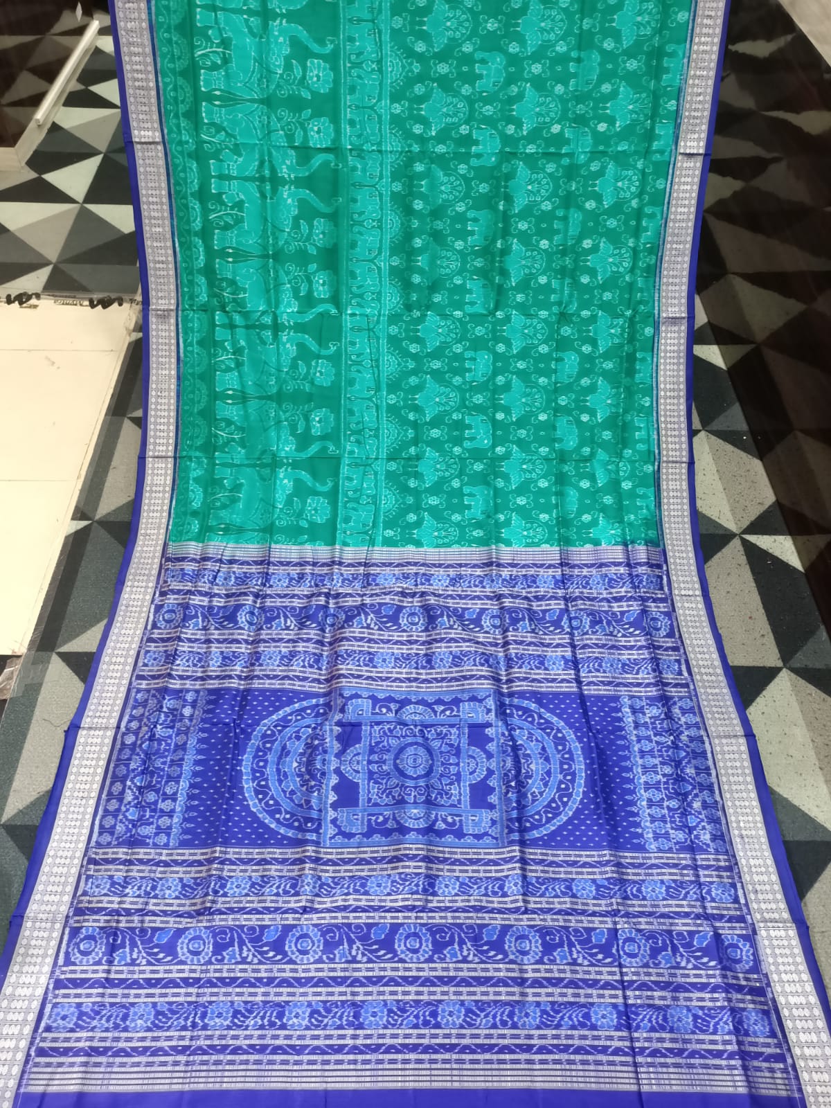Sea Green Blue Scot Elephant Design Sambalpuri Silk Saree