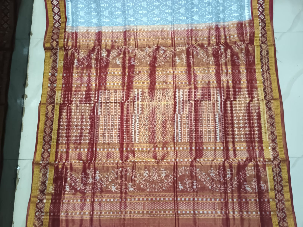 Grey Maroon Full Body Lotus & Border Pasapali Design Half Tissue Sambalpuri Silk Saree