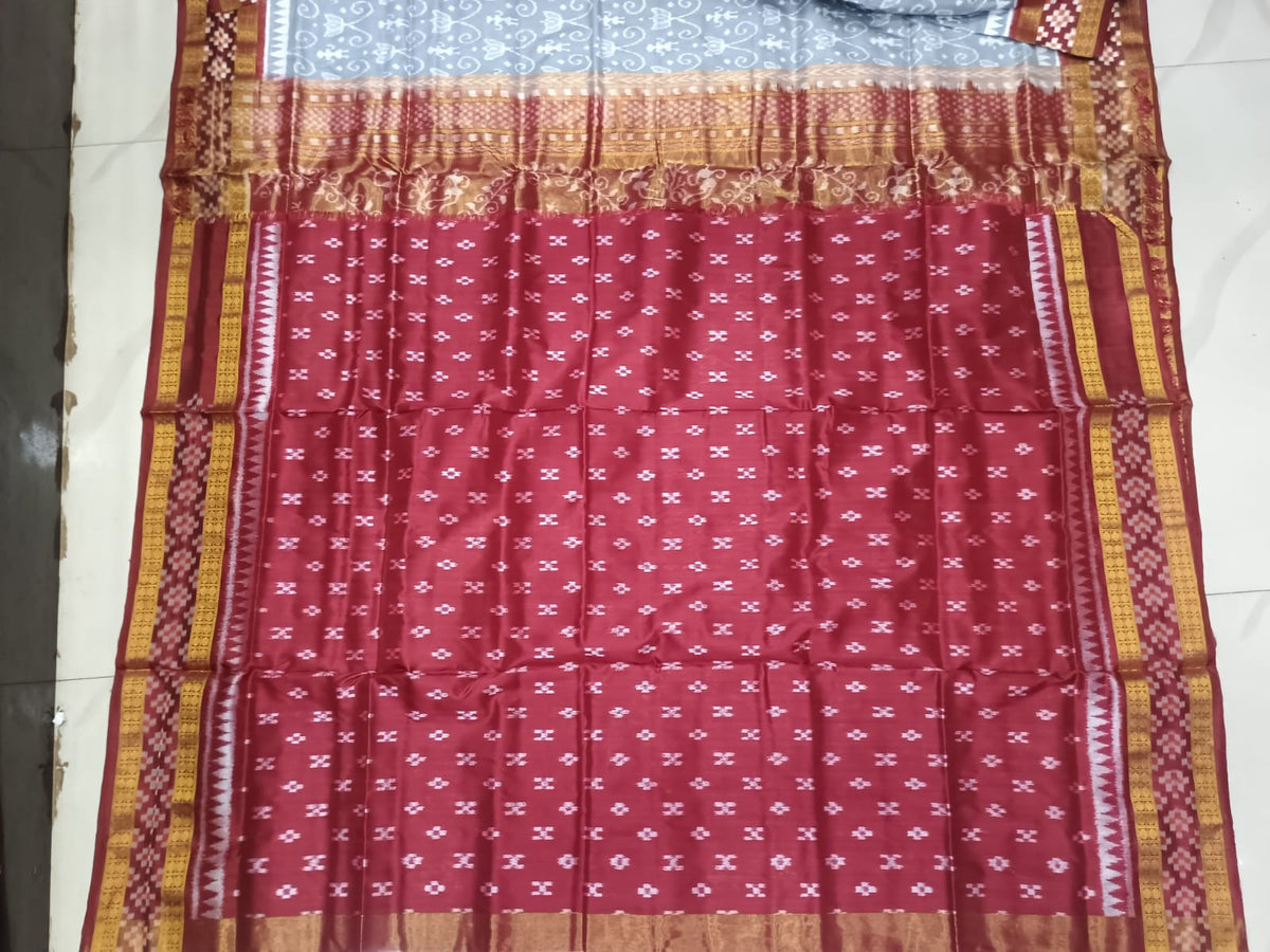 Grey Maroon Full Body Lotus & Border Pasapali Design Half Tissue Sambalpuri Silk Saree
