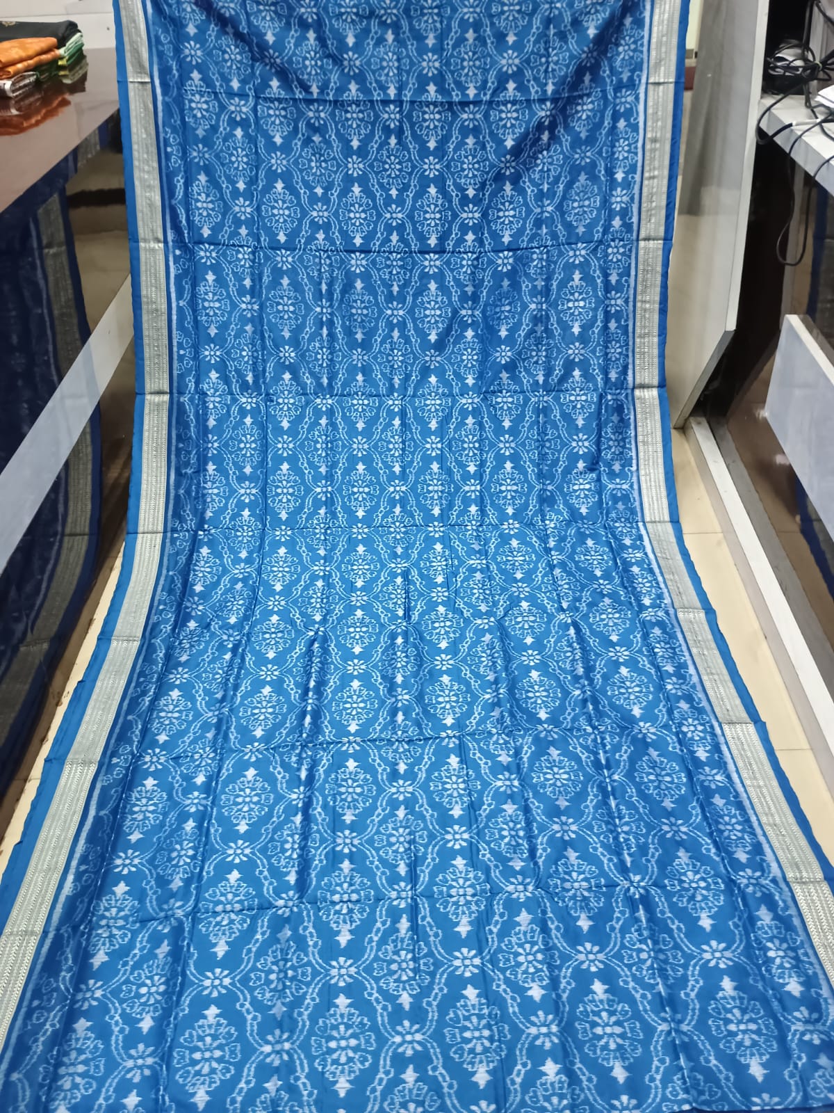 Indigo Blue Flower Design Sambalpuri Silk Saree