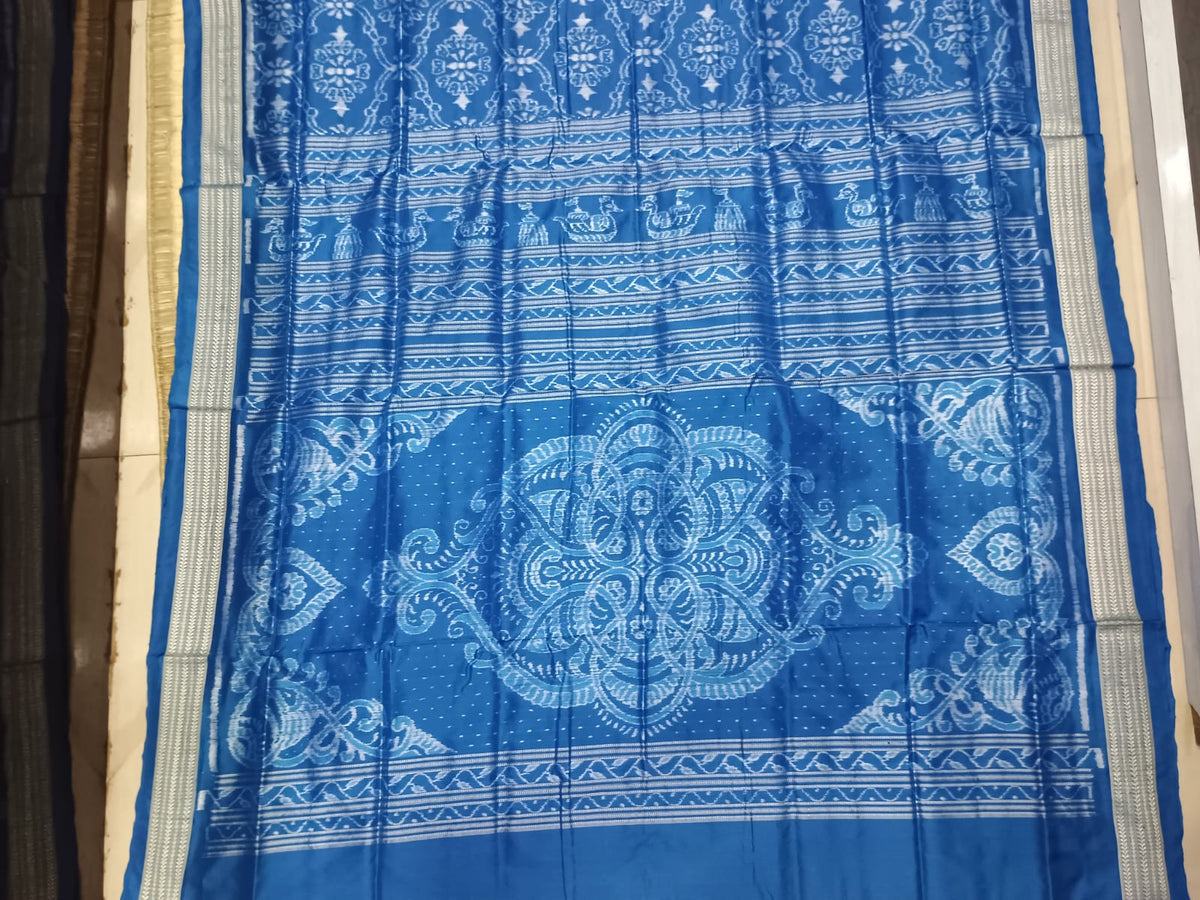 Indigo Blue Flower Design Sambalpuri Silk Saree