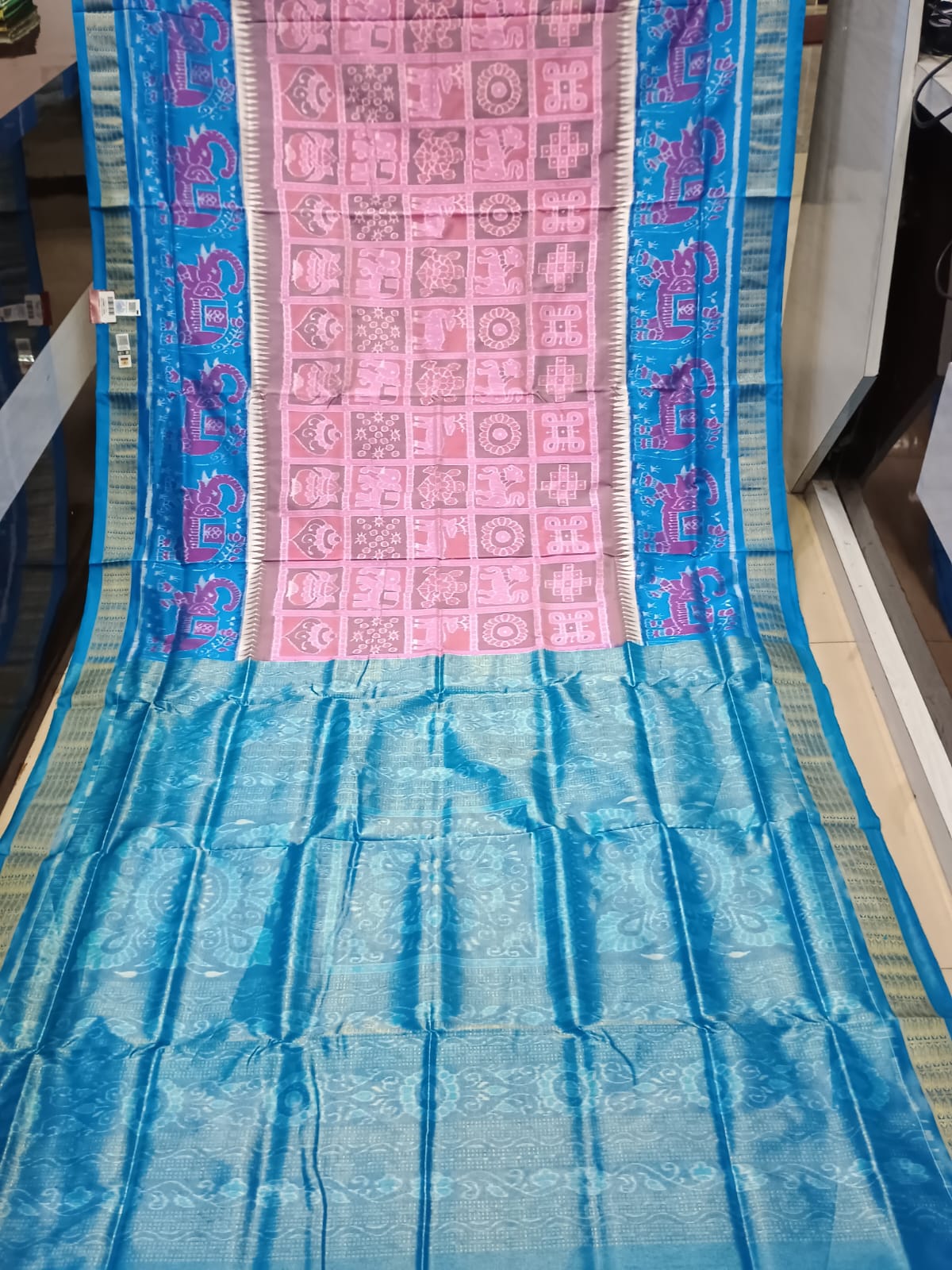 Peach Rama Green 5 Kothi And Scot Elephant Design Sambalpuri Half Tissue Silk Saree