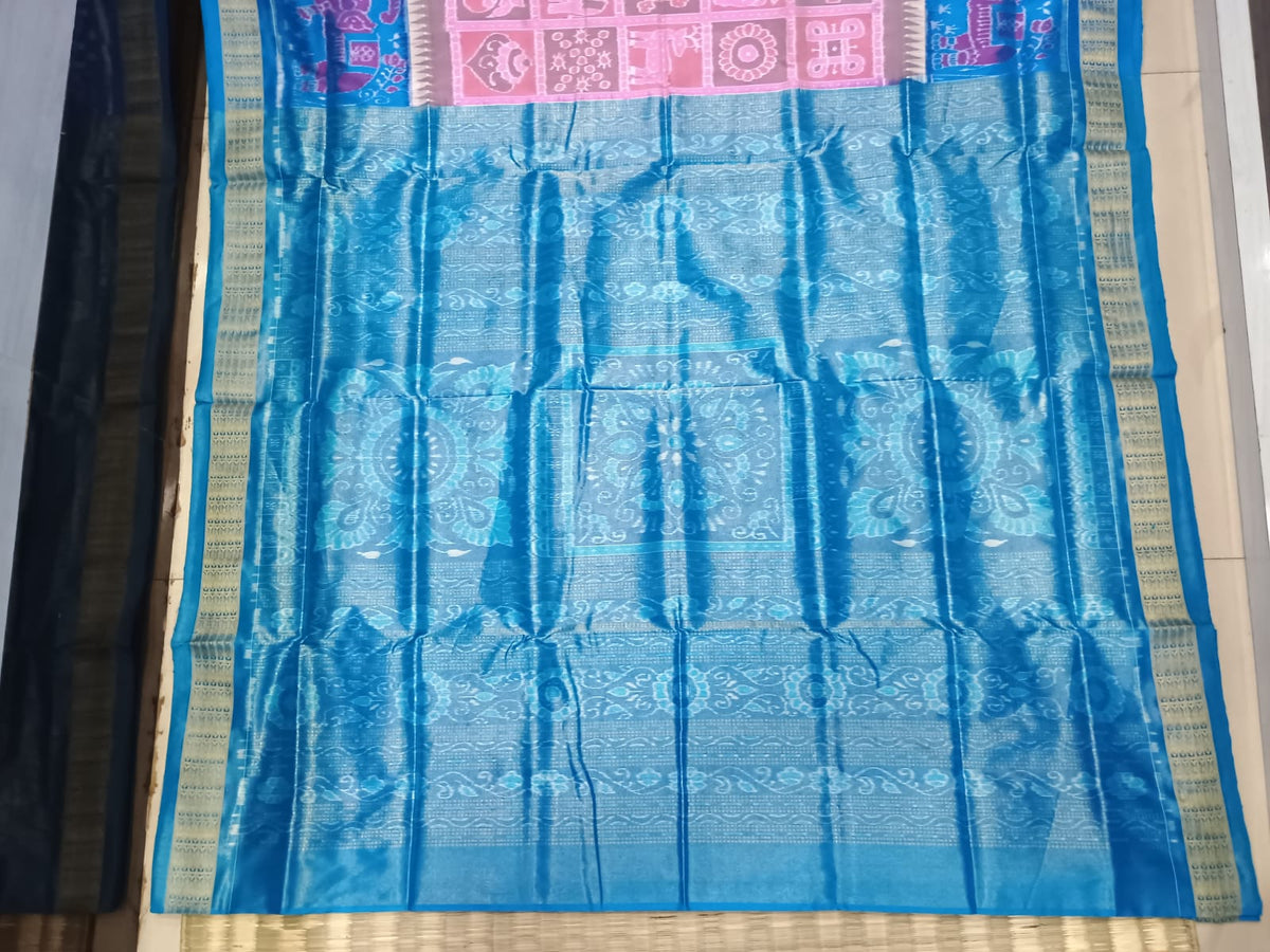 Peach Rama Green 5 Kothi And Scot Elephant Design Sambalpuri Half Tissue Silk Saree