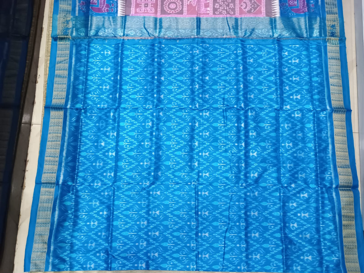 Peach Rama Green 5 Kothi And Scot Elephant Design Sambalpuri Half Tissue Silk Saree