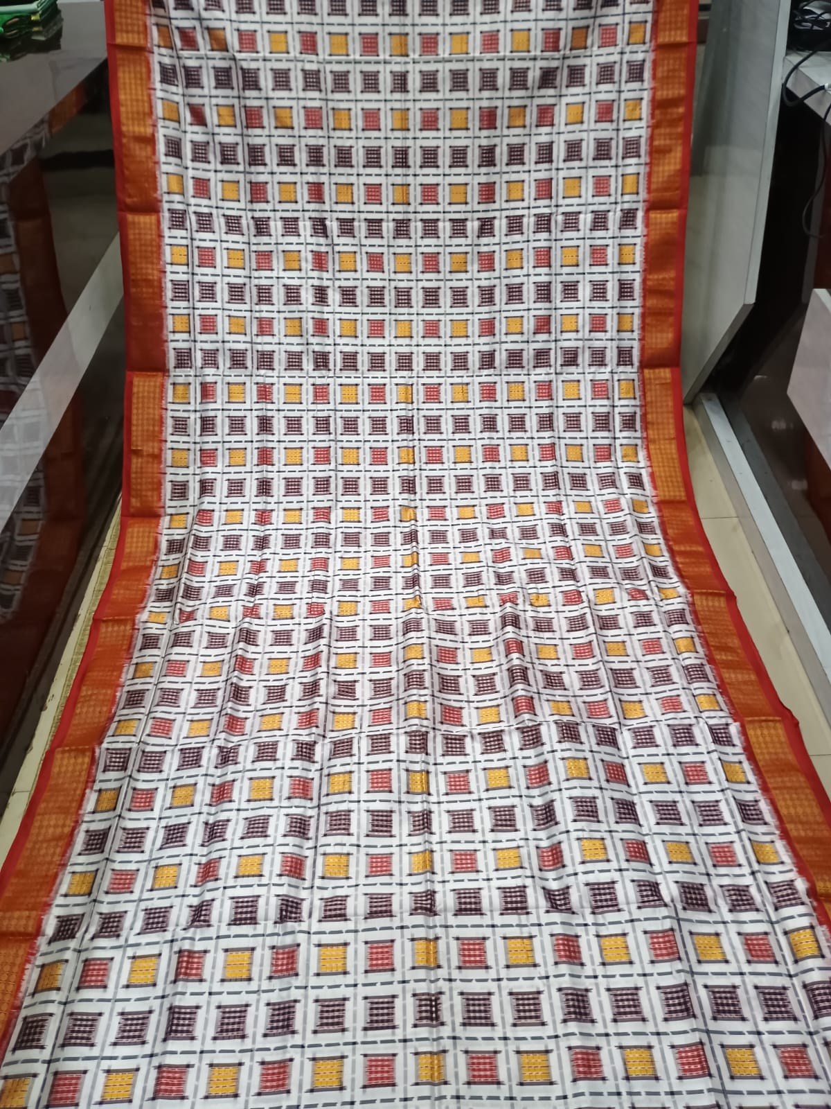 White Red Aswini Sambalpuri Half Tissue Silk Saree
