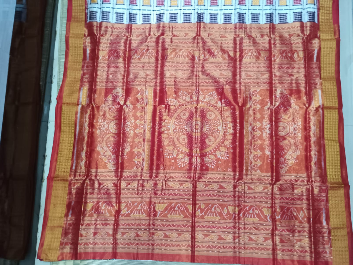 White Red Aswini Sambalpuri Half Tissue Silk Saree