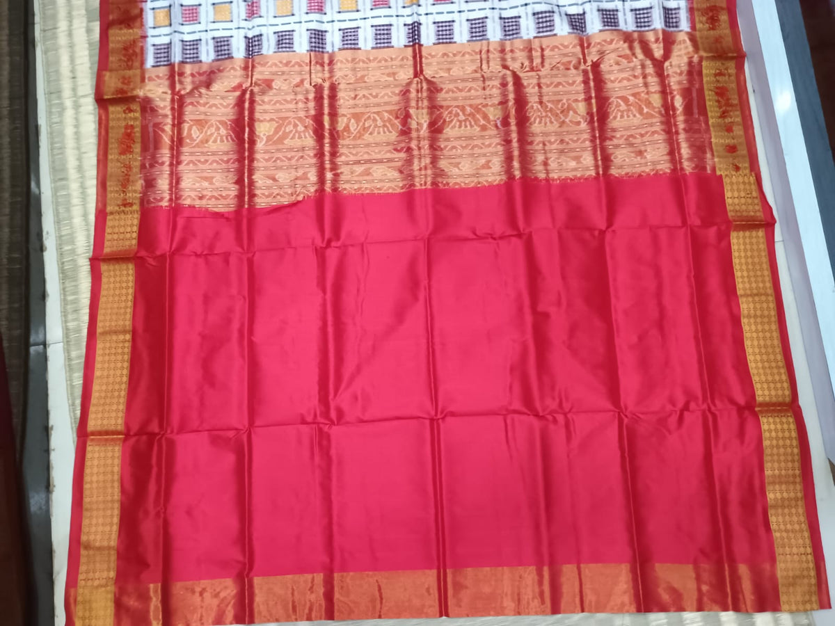 White Red Aswini Sambalpuri Half Tissue Silk Saree