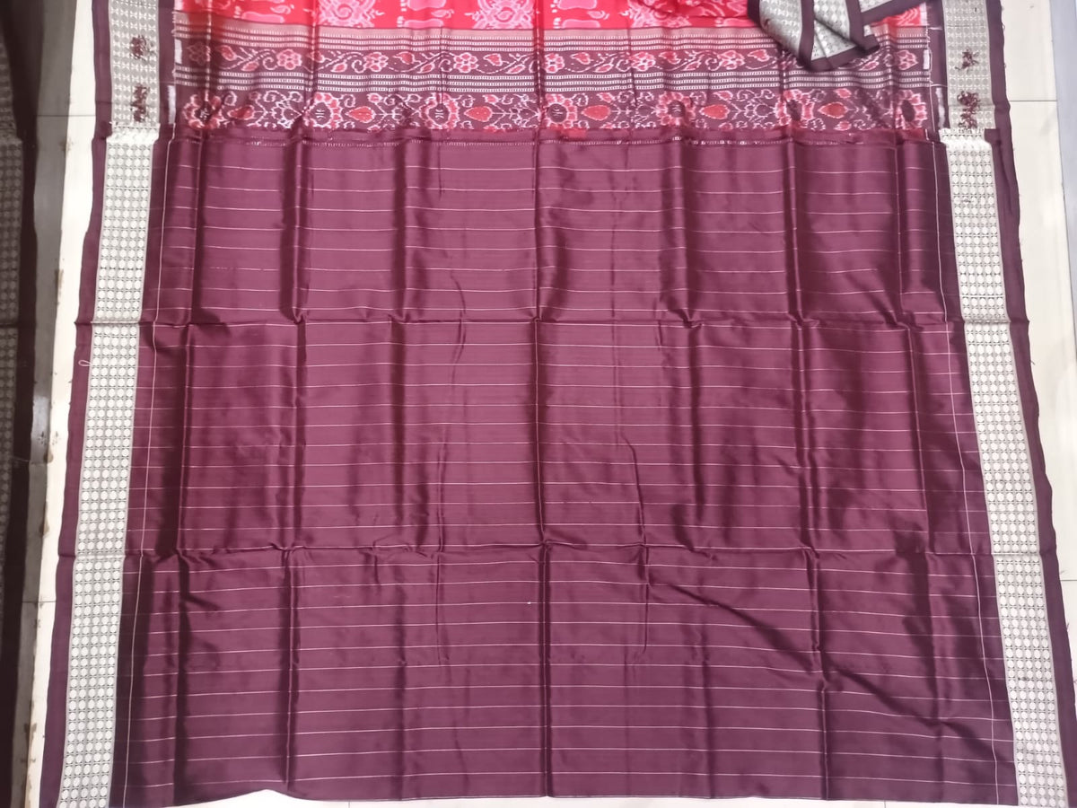 Red Coffee Laxmi Pada And Jhoti Design Sambalpuri Silk Saree