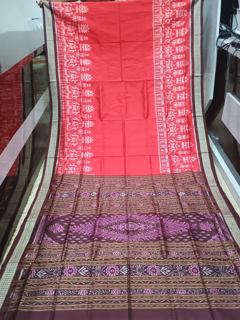 Red Coffee Scot Tribal And Tree Design Sambalpuri Silk Saree