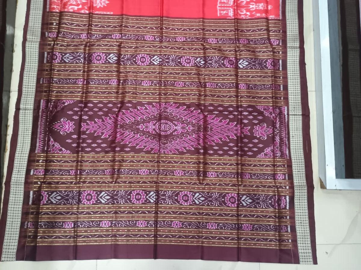 Red Coffee Scot Tribal And Tree Design Sambalpuri Silk Saree